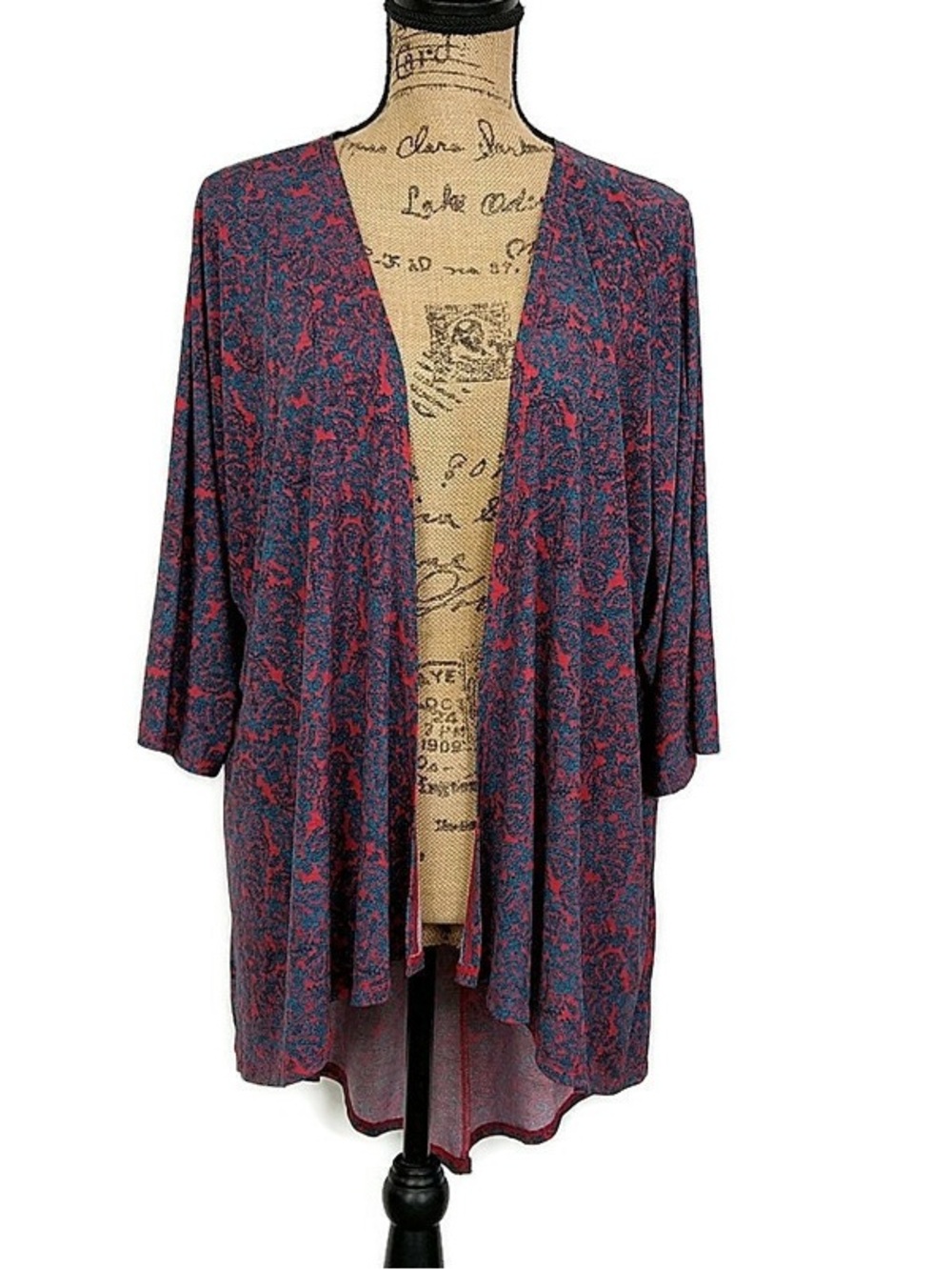 LuLaRoe Red Teal & Black Patterned Lindsay Kimono Size L (18-22)